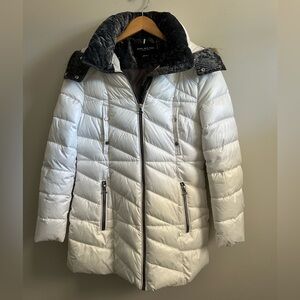 Marc New York White Quilted Jacket/Coat Removable Faux Fur Trimmed Hood Size M